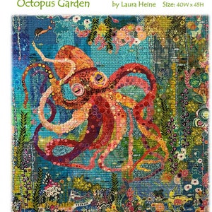Octopus Collage - Laura Heine - Applique Quilt - Octopus Garden 40&quot;x54&quot;  - DIY Pattern Or Kit Option - full size reusable template