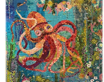 Octopus Collage - Laura Heine - Applique Quilt - Octopus Garden 40"x54"  - DIY Pattern Or Kit Option - full size reusable template