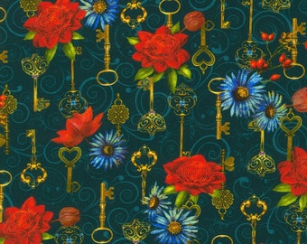 Key & Floral ADND 21663  213 Teal Rose Secret Garden by Duirwaigh Studios - Robert Kaufman Fabrics - Priced by the half yard