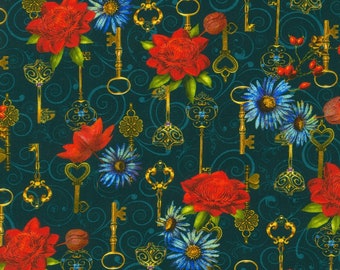 Robert Kaufman  Key & Floral - Rose Secret Garden by Duirwaigh Studios -  ADND  21663  213 Teal - Priced by the half yard