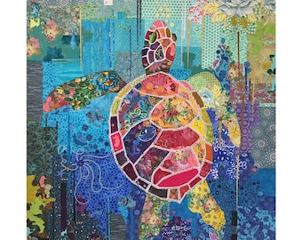 Turtle Collage - Laura Heine - Applique Quilt - Seawell Turtle 45"x60"  - DIY Pattern Or Kit Option - full size reusable template