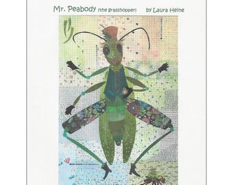 Grasshopper Collage - Mr Peabody Laura Heine - Fusible Applique - 24"x36" - DIY Pattern Or Kit Option - full size reusable template