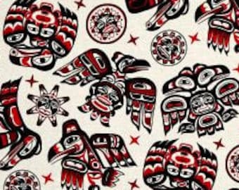 Native Spirit Animal 585 Red Cream White Tossed Totem Animals - Pacific Northwest Fabric by Elizabeth Studio - Priced by the half yard