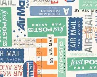 Postage Fabric, Airmail Label Fabric - Vacation by Makower Andover Fabrics 1653 - Priced by the Half yard