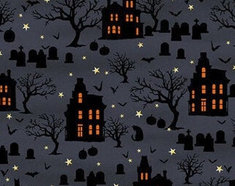 Spooky Night - Spooky Houses Cemetary - Grace Popp for Studio E - 5723 97 Midnight Blue - Priced by the 1/2 yard