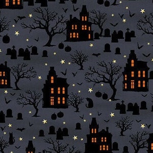 Spooky Night -  5723 97 Midnight Blue - Spooky Houses Cemetery - Grace Popp for Studio E - Priced by the 1/2 yard