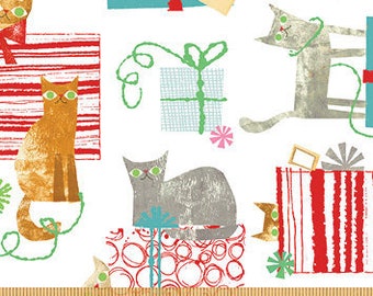 Make Merry Christmas Cat 51152-3 White - Cats & Presents - Maria Carluccio for Windham - Priced by the Half Yard