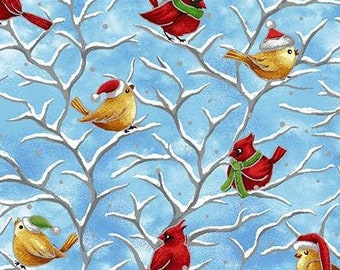Christmas Birds 13018 00301 Blue - Seasons Greetings - Winter cardinals  - Paintbrush Studio  - Priced by the half yard