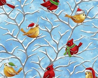 Christmas Birds - winter cardinals - Seasons Greetings - Paintbrush Studio 13018 00301 Blue - Priced by the half yard