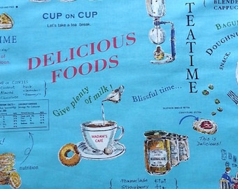 Delicious Food - Yuwa Fabric by Suzuko Koseki 446525 E Blue Cafe Cotton/Linen Fabric - Teatime Fabric - Priced by the 1/2 yard