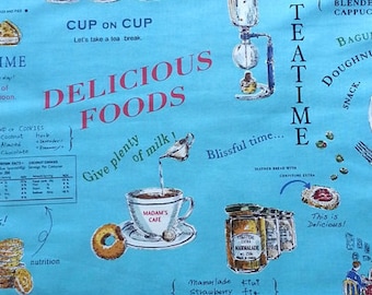 Delicious Food Fabric, Cafe Fabric, Teatime Fabric - Yuwa Fabric by Suzuko Koseki 446525 E Blue -   Priced by the 1/2 yard - Cotton/Linen