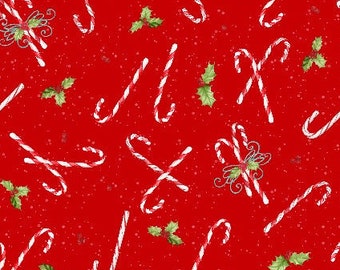 Peppermint Parlor 27637 337 - Tossed Candy Cane on Red - Wilmington Fabric - Priced by the half yard