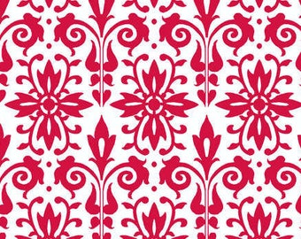 Damask Print Fabric from Black Tie Boogie by Sandy Clough 24272 White/Red - Priced by the 1/2 yard