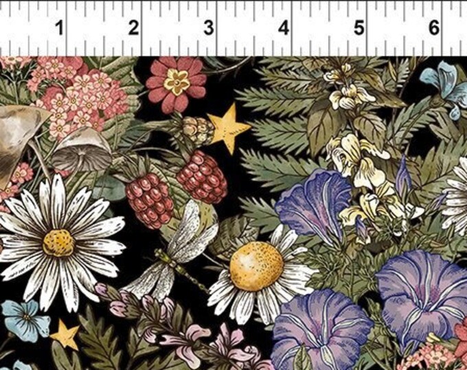 Featured listing image: In the Beginning Jason Yenter - The Sun The Moon & The Stars - Nighttime Floral - 4SMS 1 Black with Floral - Priced by the half yard