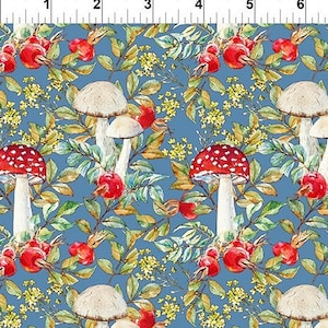 Hedgehog Hollow - 7HH1 Mushrooms Blue - In the Beginning Jason Yenter - Priced by the half yard