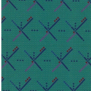 May include: A teal background with a repeating pattern of dark blue X shapes, accented with red and purple lines and small diamond shapes. The design has a retro, geometric feel.