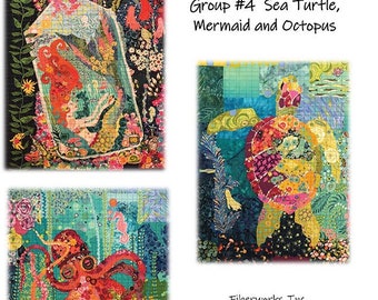 Laura Heine Teeny Tiny Collage - #4 - Octopus Turtle Mermaid - 3 Designs per Pack  - DIY Pattern - Optional Fabric Kit -  Finishes 16"x20"