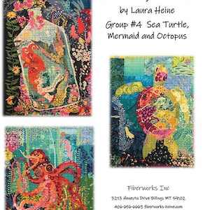 May include: A collage pattern design featuring a mermaid in a bottle, a sea turtle, and an octopus. The design is colourful and intricate, with a variety of textures and patterns. The title "Teeny Tiny Collage Patterns" and the artist's name "Laura Heine" are included in the image.