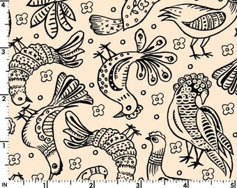 Curio Cabinet Fabric by Maywood Studio - Bird Chicken - 10137 EJ Cream/ Black- Priced by the Half yard