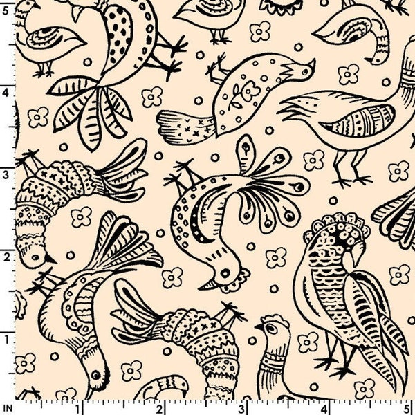 Curio Cabinet Fabric by Maywood Studio - Bird Chicken - 10137 EJ Cream/ Black- Priced by the Half yard