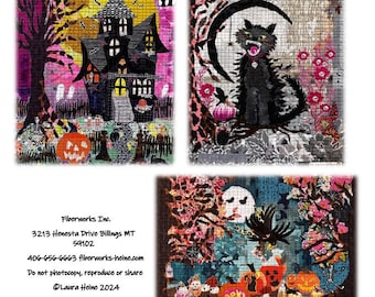 Laura Heine Teeny Tiny - #13 Haunted House, Scaredy Cat, Pumpkin Patch - 3 Designs per Pack  - DIY - Optional Fabric Kit - Finishes 16"x20"