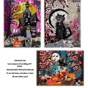 May include: A set of three Halloween-themed collage patterns featuring a haunted house, a black cat, and a pumpkin patch. The patterns are made with a variety of colorful fabrics and textures. The text "Spooky Tricks" is visible in the top left corner of the image.