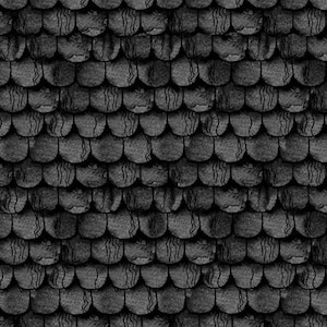 May include: Black fabric with a repeating pattern of overlapping, rounded shapes resembling scales. The design has a watercolor effect, with variations in shading creating depth and texture. The pattern is consistent across the fabric.