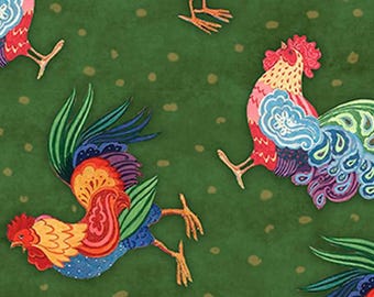 Roosters Tossed - 81451 Green - Springs Creative Designer Prints - Susan Winget - Priced by the Half Yard