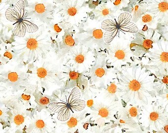 White Daisy & Butterfly - Row x Row Summertime 2023 Debra Gabel for Timeless Treasures - CD2136 White - Priced by the Half Yard