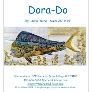May include: A colorful mosaic art piece of a mahi-mahi fish swimming in the ocean. The artwork is titled "Dora-Do" by Laura Heine and measures 28 inches by 14 inches.