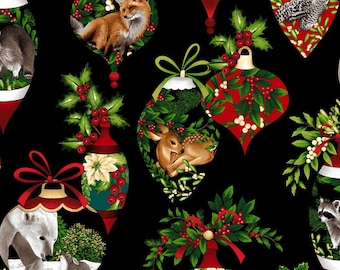 Peace on Earth Ornament  - 3266 99 Black - Woodland /Arctic Animals - Color Principle for Henry Glass - Priced by the Half Yard