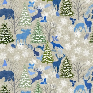 May include: A seamless pattern featuring a winter woodland scene with blue and green silhouettes of animals, trees, and snowflakes on a beige background.