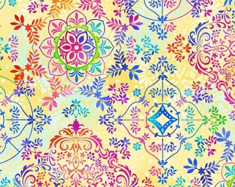 Large Medallion - Henry Glass By Color Principle Studio - Dragonfly Lagoon Collection - Yellow 2799 33 - Priced by the half yard