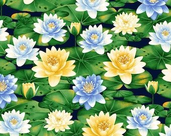 Water Lily Magic - Jan Mott for Henry Glass Fabric - Water Lily Pads 2886 77 Indigo - Priced by the half yard