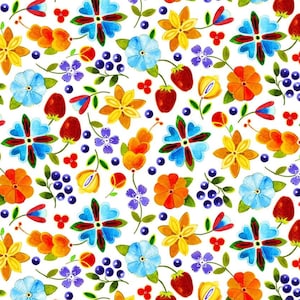 May include: A seamless pattern featuring a variety of colorful flowers, berries, and leaves on a white background. The flowers are in shades of yellow, orange, red, and blue, and the berries are blue and red. The leaves are green.
