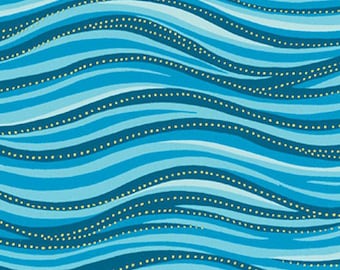 Wave Metallic Fabric Y1331 33M Aqua Blue - Gold Accent - Laurel Burch Texture & Tonal Basics  - Priced by the half yard