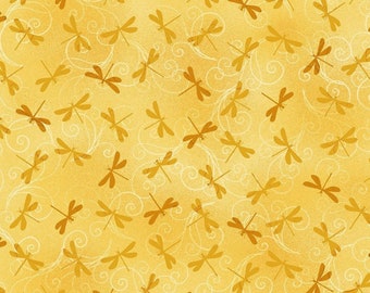 Water Lily Magic -Tossed Dragonfly 2890 33 Mustard Yellow - Jan Mott for Henry Glass Fabric - Priced by the half yard
