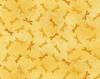 Water Lily Magic - Jan Mott for Henry Glass Fabric - Tossed Dragonfly 2890 33 Yellow - Priced by the half yard