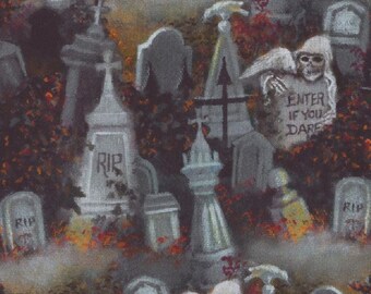 Eerie Welcome - Rest in Peace - Cemetery Headstones 22294 - Susan Rios for 3Wishes Fabric - Priced by the half yard