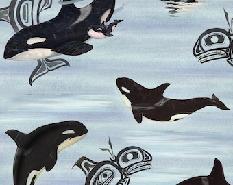 Native Spirit Animal 29003 Orca Cool Blue - Pacific Northwest Fabric by Elizabeth Studio - Priced by the half yard