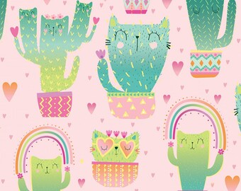 Cactus cat - Timeless Treasures - Kitty Cactus - Quirky Cat - C8237 PINK - Priced by the half yard