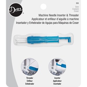 May include: A Dritz brand machine needle inserter and threader tool in blue plastic, packaged on a white card with instructions. The card features the text Machine Needle Inserter & Threader, 253, and two circular diagrams showing the tool in use.
