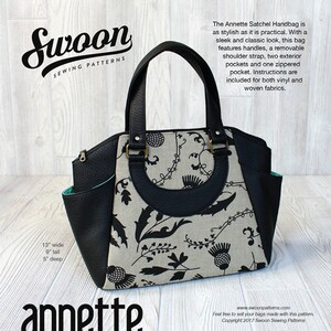 May include: Annette Satchel Handbag sewing pattern. The bag is black and beige with a floral pattern. It has handles, a removable shoulder strap, and measures 13" wide, 9" tall, and 5" deep.