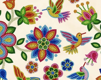 Tucson Hummingbird - 640 Cream - Beaded Print Design - Southwest Fabric by Elizabeth Studio - Priced by the half yard