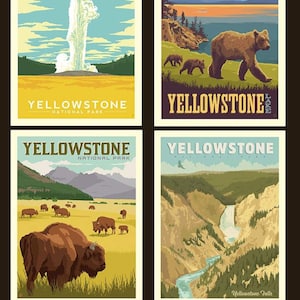 May include: Four vintage-style travel posters for Yellowstone National Park. The top left poster features a geyser erupting. The top right poster shows a lake with mountains in the background and a brown bear with two cubs. The bottom left poster shows a herd of bison in a grassy field. The bottom right poster shows a waterfall cascading down a cliff.