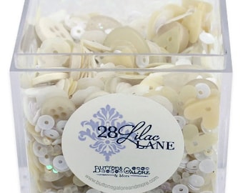 Shaker Mix Box - Sequins Seed Bead Buttons - 28 Lilac Lane Buttons Galore - Pearls & Lace LL510 (white and gold) - Per box