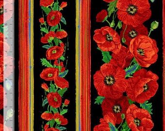 Poppy  Border Stripe - 3222 Black Red - Chong-A Hwang for Timeless Treasures - Priced by the 1/2 Yard