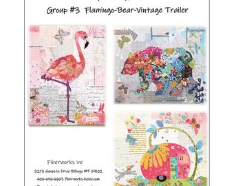 Laura Heine Teeny Tiny Collage - #3 - Flamingo Trailer Bear - 3 Designs per Pack  - DIY Pattern - Optional Fabric Kit -  Finishes 16"x20"