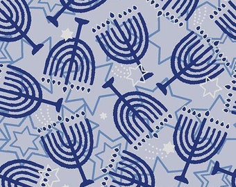 Menorah Fabric - Blue Holiday - Paintbrush Studio 72361 Blue - Priced by the half yard