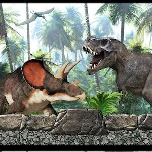 May include: A colorful illustration of dinosaurs in a jungle setting. The dinosaurs include a Tyrannosaurus Rex, a Triceratops, a Brachiosaurus, and a Stegosaurus. The jungle is lush and green with palm trees and other tropical plants.